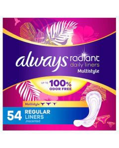 Always Radiant Daily Multistyle Liners Regular Absorbency Unscented, Up to 100% Odor-free, 54 Count