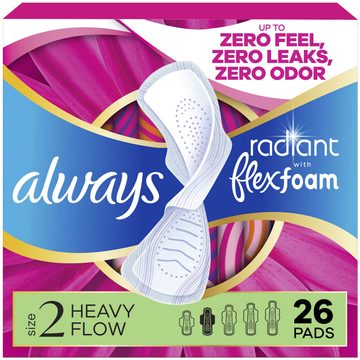 Always Radiant with FlexFoam Pads for Women, Size 2, Heavy Pad with Wings, Scented, 26 Count
