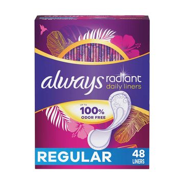 Always Radiant Daily Liners Light Absorbency, Regular Length, Up to 100% Odor Free and Fragrance Free, with Edge-2-Edge Adhesive, 48 Count