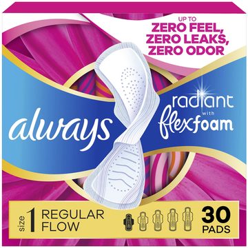 Always Radiant with FlexFoam Pads for Women, Size 1, Regular Pad with Wings, Scented, 30 Count