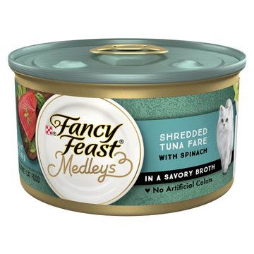 Purina Fancy Feast Cat Food Medleys Shredded Tuna Fare Wet Cat Food Recipe with Spinach in a Cat Food Broth