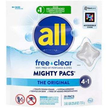 all Unit Dose Laundry Detergent, Mighty Pacs, Free Clear, 39 Count