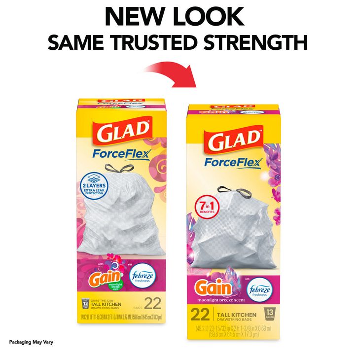Glad ForceFlex Tall Kitchen Drawstring Trash Bags, 13 Gal, Gain Moonlight Breeze, Febreze, 22 Ct — view 3