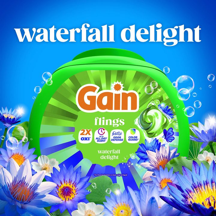 Gain Flings Liquid Washing Detergent pacs, Now with Odor Defense + Color Guard, Waterfall Delight Scent, 60 Count, 4-In-1 liquid laundry detergent pacs (Oxi, up to all day scent, Febreze Odor Defense and color guard), clean & fresh — view 2