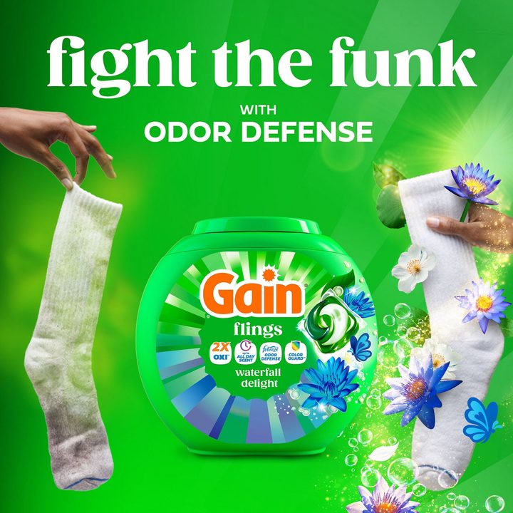 Gain Flings Liquid Washing Detergent pacs, Now with Odor Defense + Color Guard, Waterfall Delight Scent, 60 Count, 4-In-1 liquid laundry detergent pacs (Oxi, up to all day scent, Febreze Odor Defense and color guard), clean & fresh — view 4