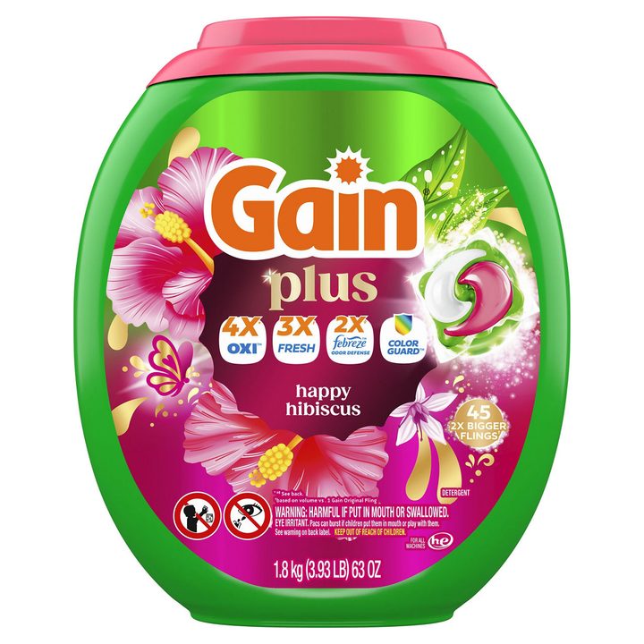 Gain Plus Flings Liquid Washing Detergent pacs, Gain's Best Clean, All-In-One, Happy Hibiscus Scent, 45-Count tub — view 2