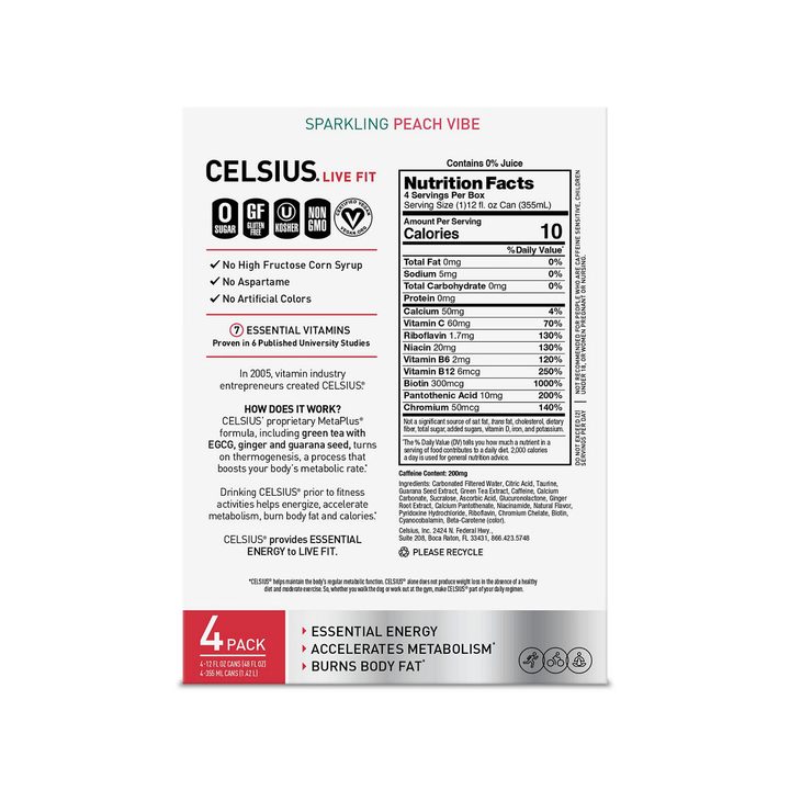 Celsius Live Fit Energy Drink Sparkling Peach Vibe 12 Fl Oz, 4 Count — view 3