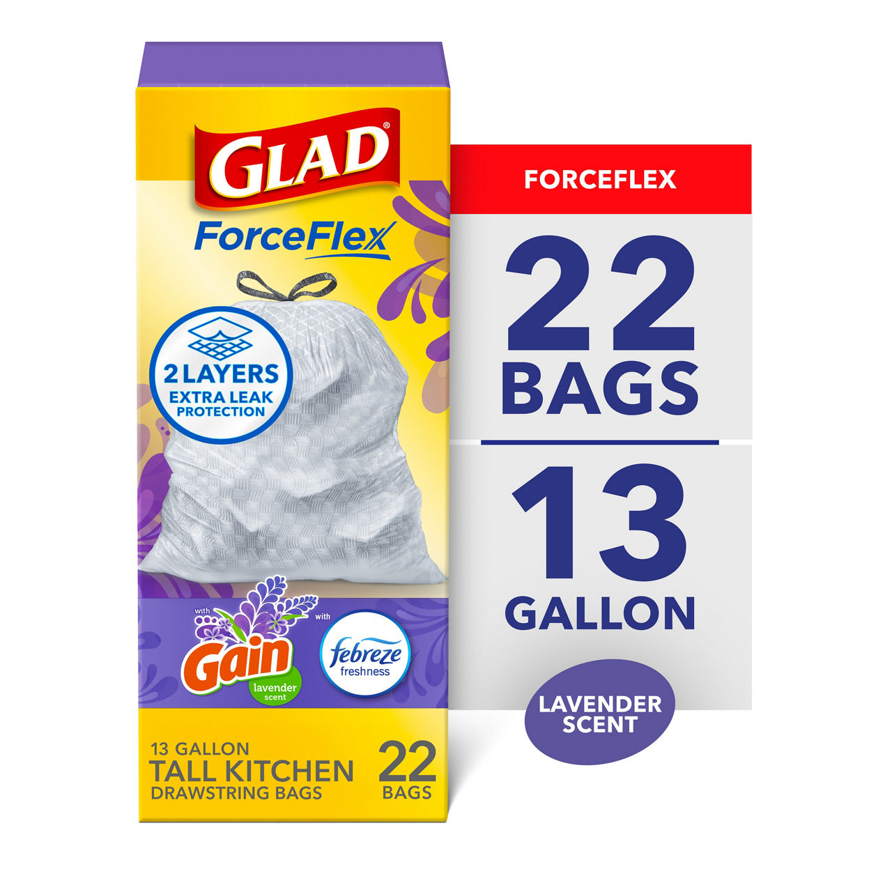 Glad ForceFlex Tall Kitchen Drawstring Trash Bags, 13 Gal, Gain Lavender with Febreze, 22 Ct