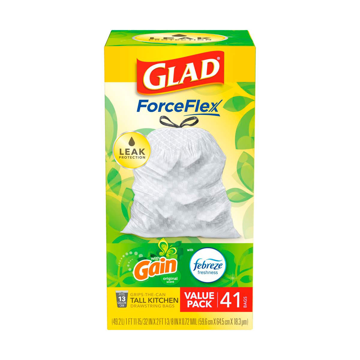 Glad ForceFlex Tall Kitchen Drawstring Trash Bags with Gain Original scent and Febreze Freshness - 13 Gallon, 41 ct