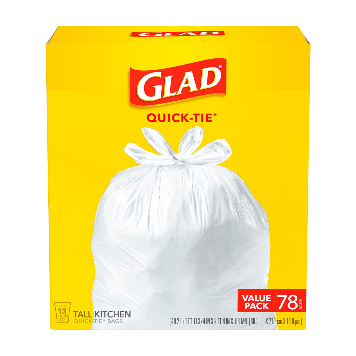 Glad 13 Gallon Tall Kitchen Quick-Tie Trash Bags, 78 ct