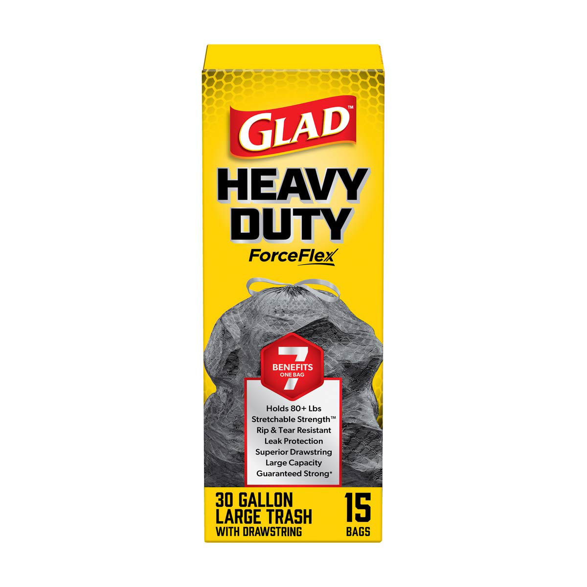 Glad ForceFlex Heavy Duty Large Drawstring Trash Bags, Hold 80+ Pounds, 30 Gallon, 15 ct