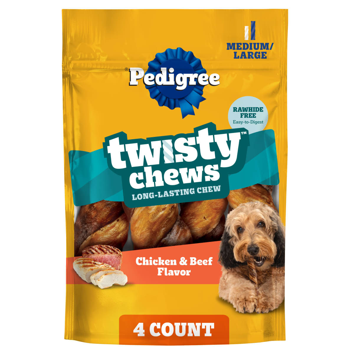 Pedigree Twisty Chews Medium/Large Long-Lasting Dog Treats, Chicken & Beef Flavor, 4 ct
