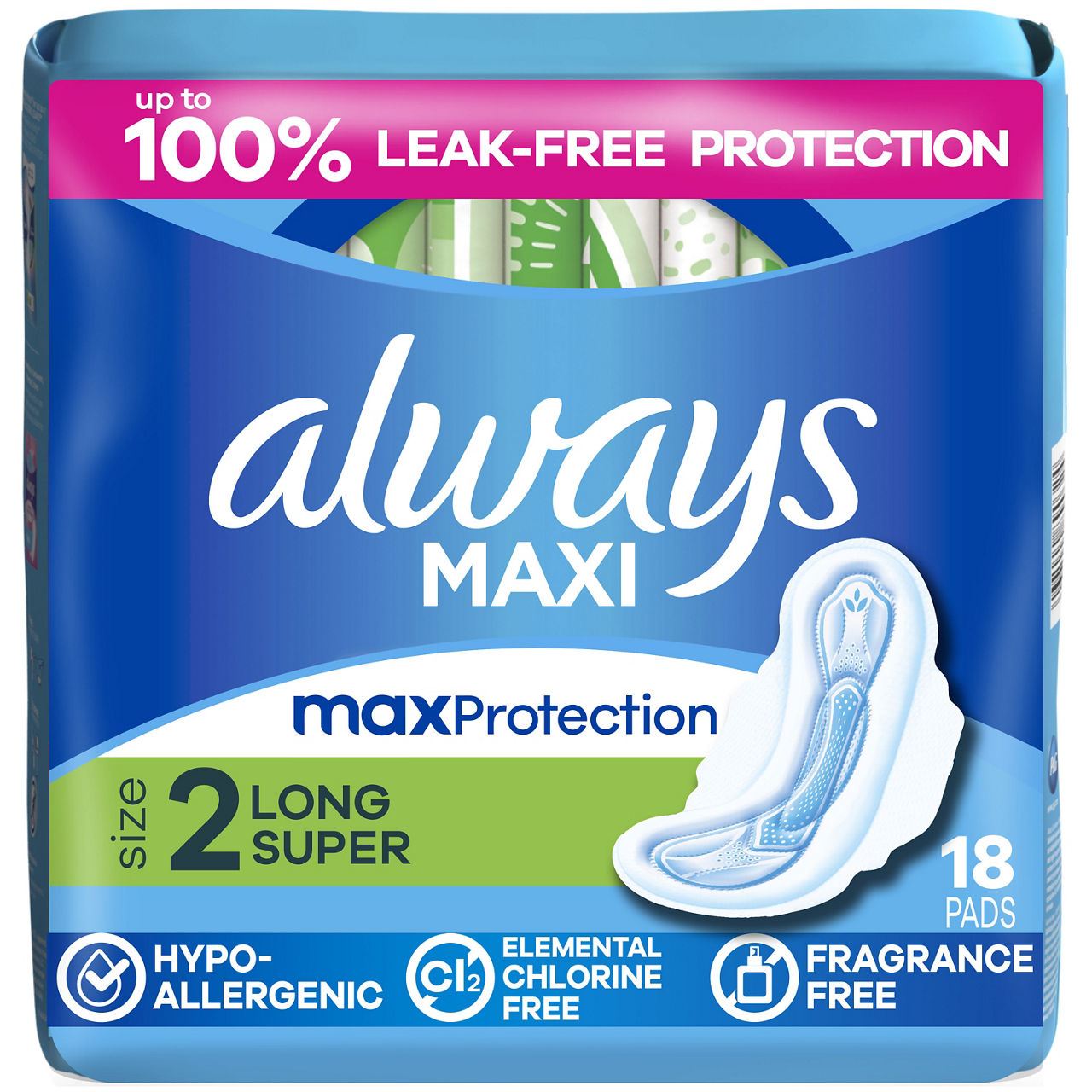 Always Maxi Feminine Pads with Wings for Women, Size 2, Long Super Absorbency, Unscented 18 Count