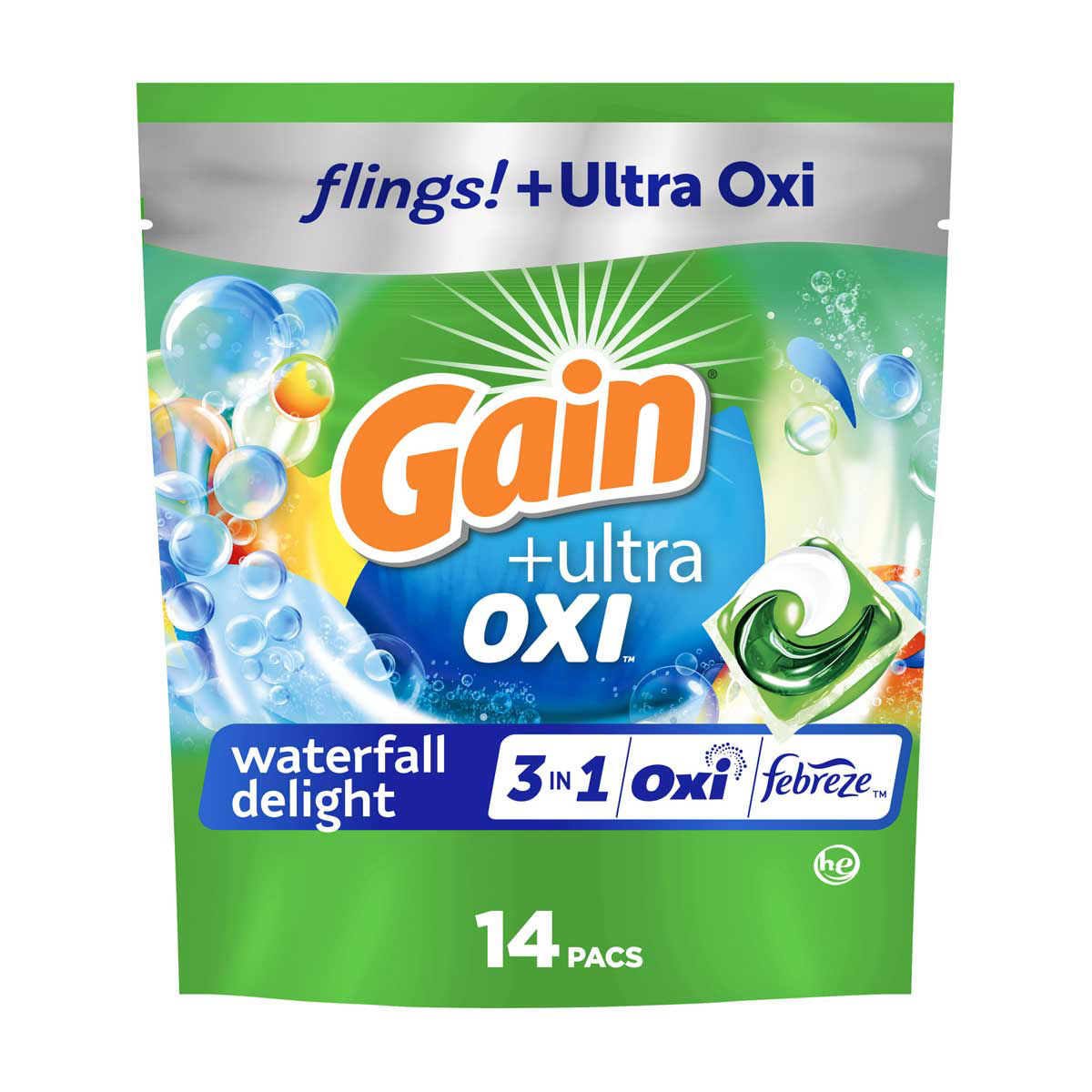 Gain Flings Ultra Oxi Laundry Detergent Pacs, Waterfall Delight Scent, 14 ct