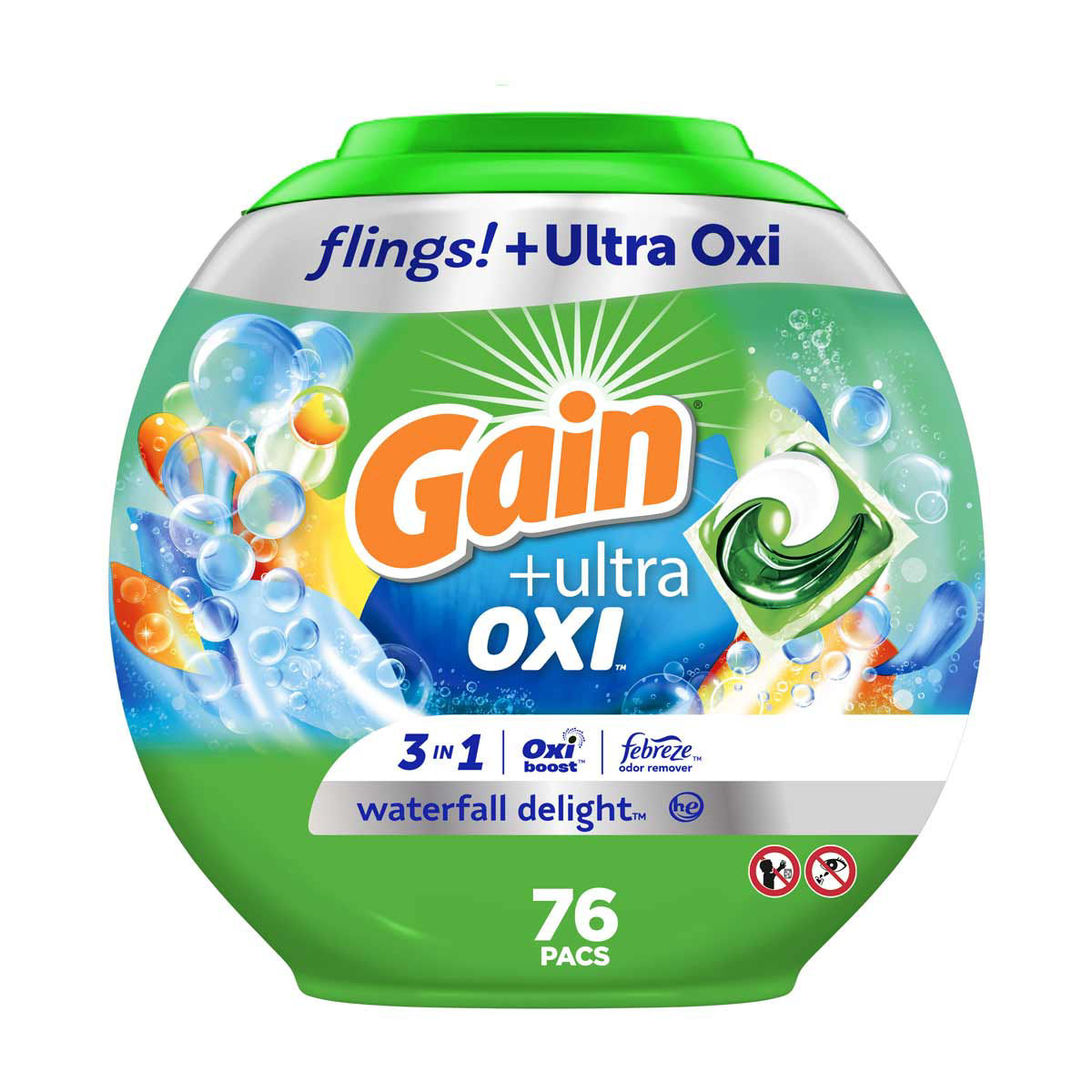 Gain Flings Ultra Oxi Laundry Detergent Pacs, Waterfall Delight Scent, 54 oz, 76 ct