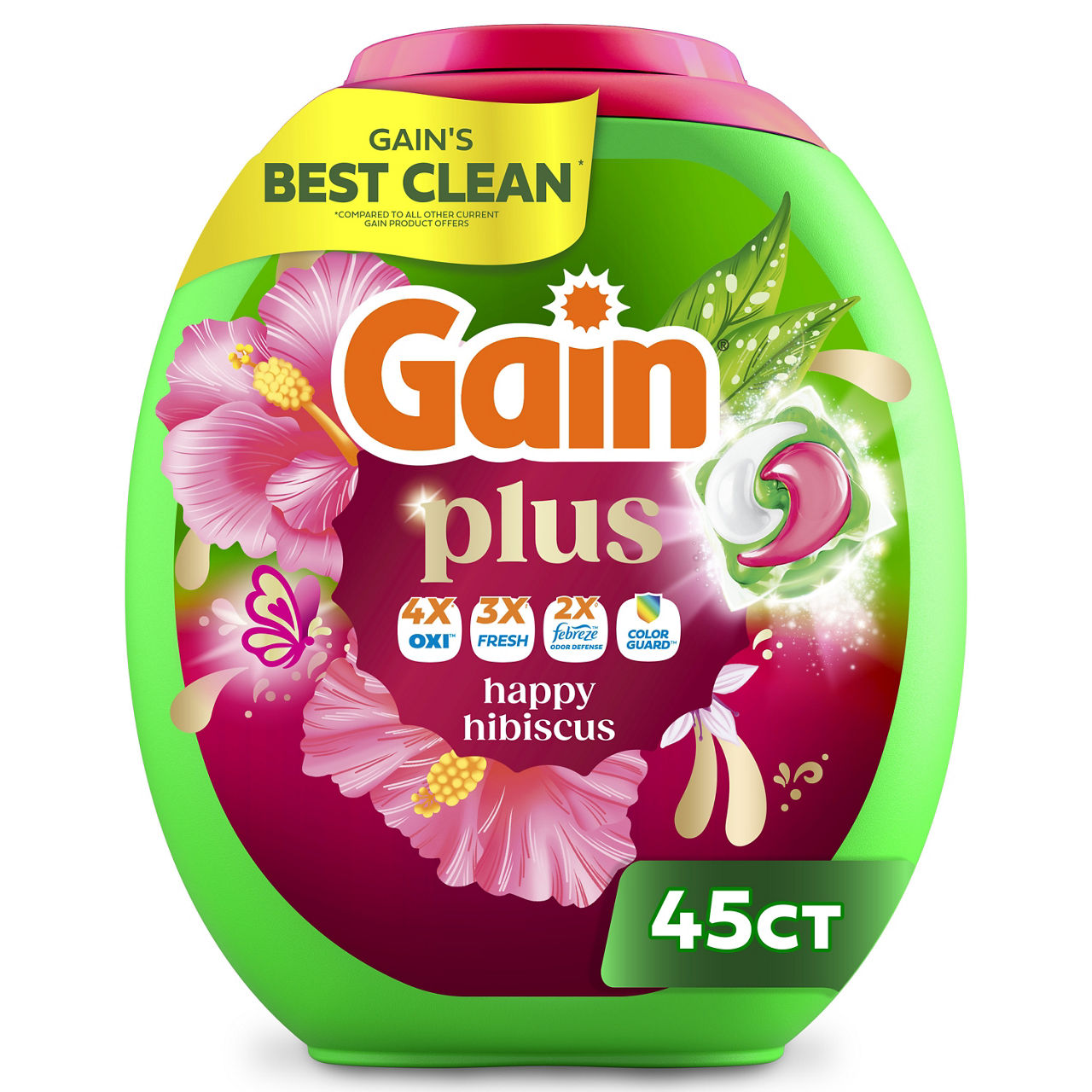 Gain Plus Flings Liquid Washing Detergent pacs, Gain's Best Clean, All-In-One, Happy Hibiscus Scent, 45-Count tub