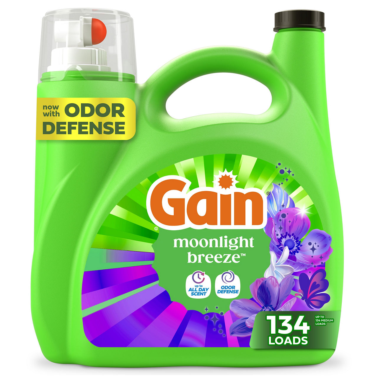 Gain Liquid Laundry Detergent, Now with Odor Defense, Moonlight Breeze Scent, 177 fl oz, 134 Loads