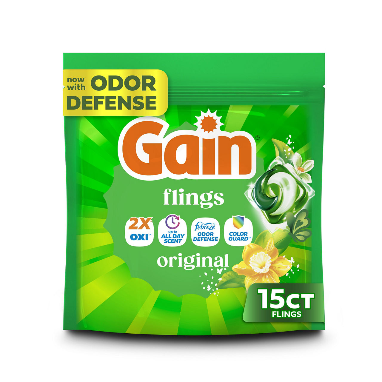 Gain Flings Liquid Washing Detergent pacs, Now with Odor Defense + Color Guard, Original Scent, 15 Count, 4-In-1 liquid laundry detergent pacs (Oxi, up to all day scent, Febreze Odor Defense and color guard), clean & fresh