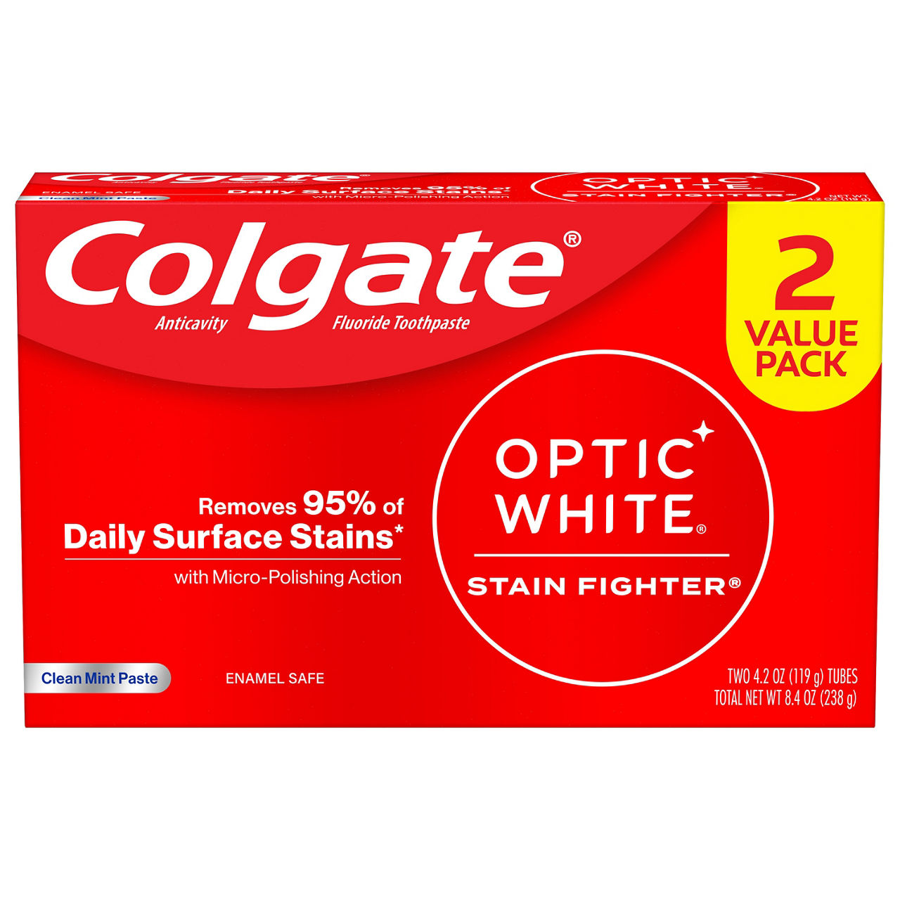 Colgate Optic White Stain Fighter Teeth Whitening Toothpaste Pack, Clean Mint Paste, 2 Pack, 4.2 oz