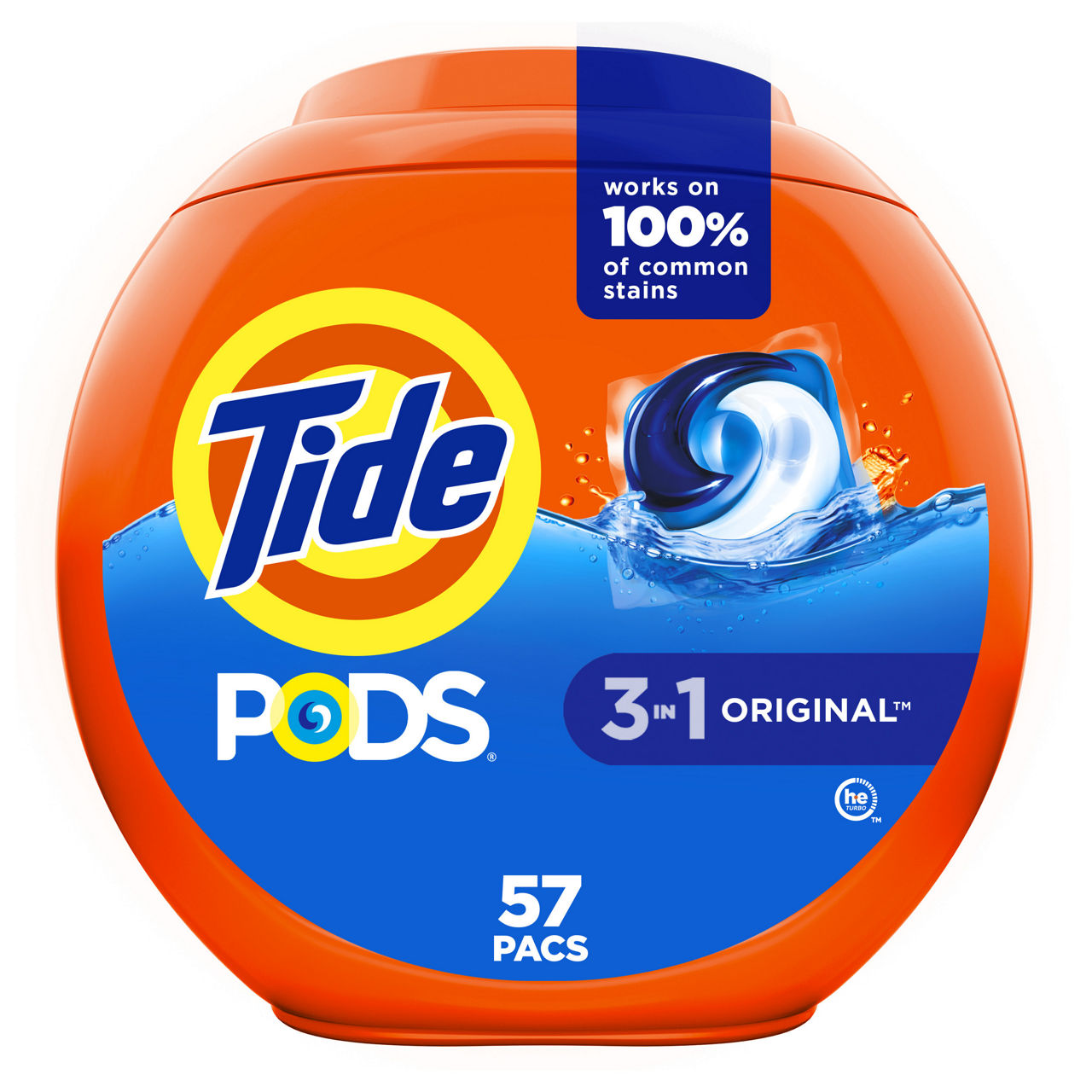 Tide PODS laundry detergent pacs, 3-in-1 Stain Remover, Odor Fighter, Color Protector, 57 Count, HE compatible, Original Scent