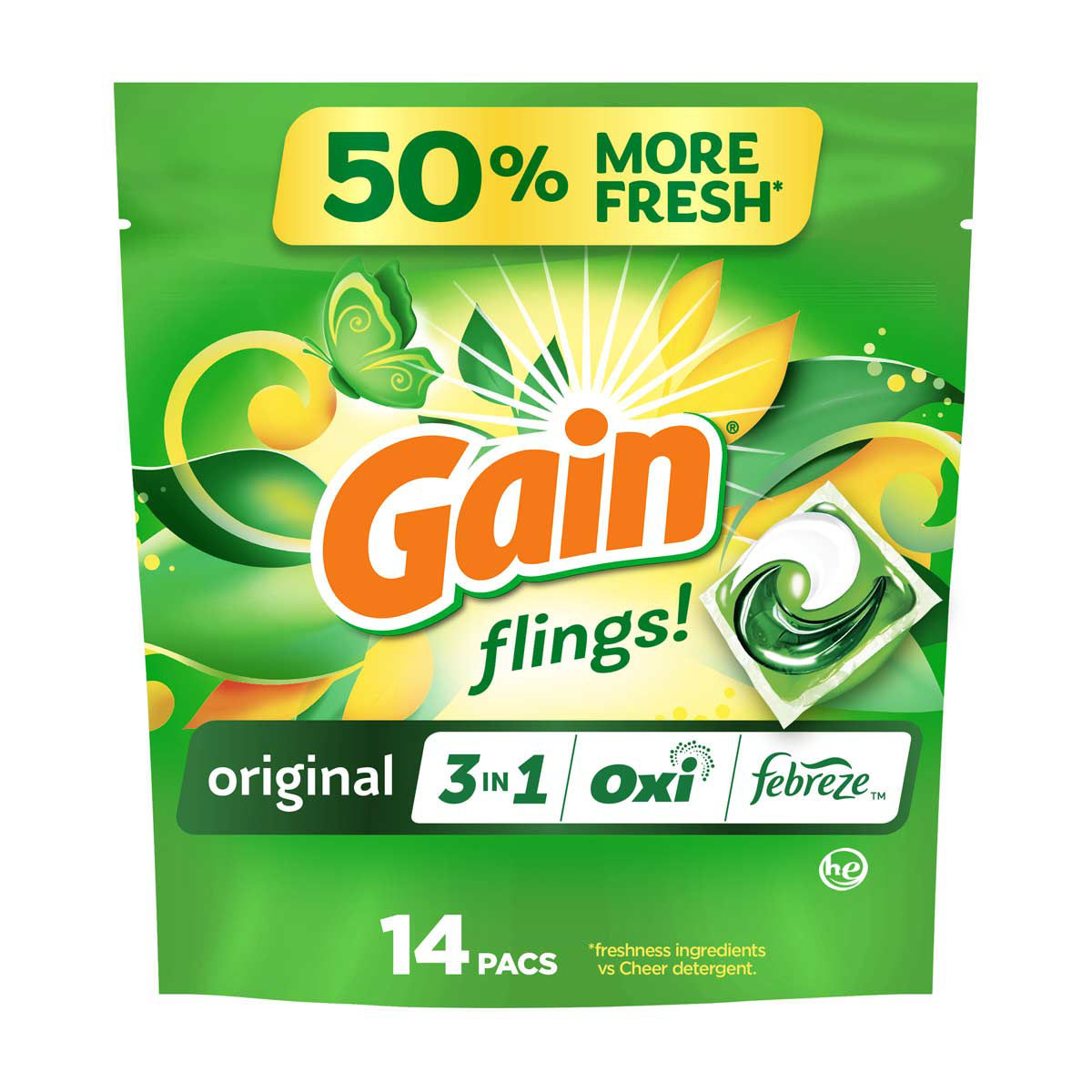 Gain Flings Laundry Detergent Pacs, Original Scent, 14 ct