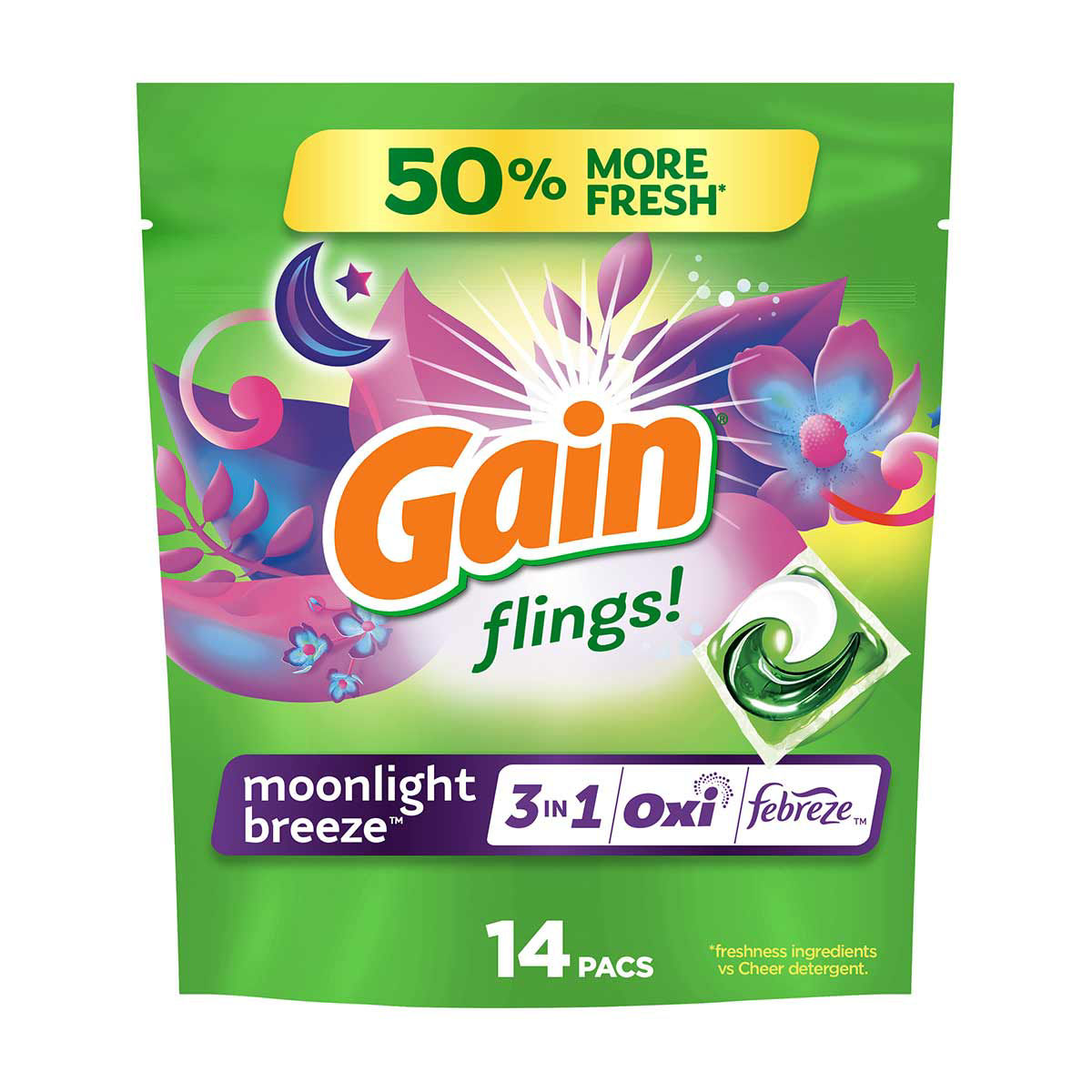 Gain Flings Laundry Detergent Pacs, Moonlight Breeze Scent, 14 ct