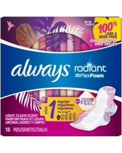 Always Radiant Pads, Size 1, Regular Absorbency, Scented, 15 Count