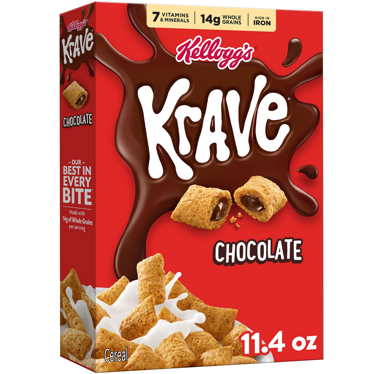 Kellogg's Krave Breakfast Cold Cereal, 7 Vitamins and Minerals, Made with Whole Grain, Chocolate, 11.4oz Box (1 Box)
