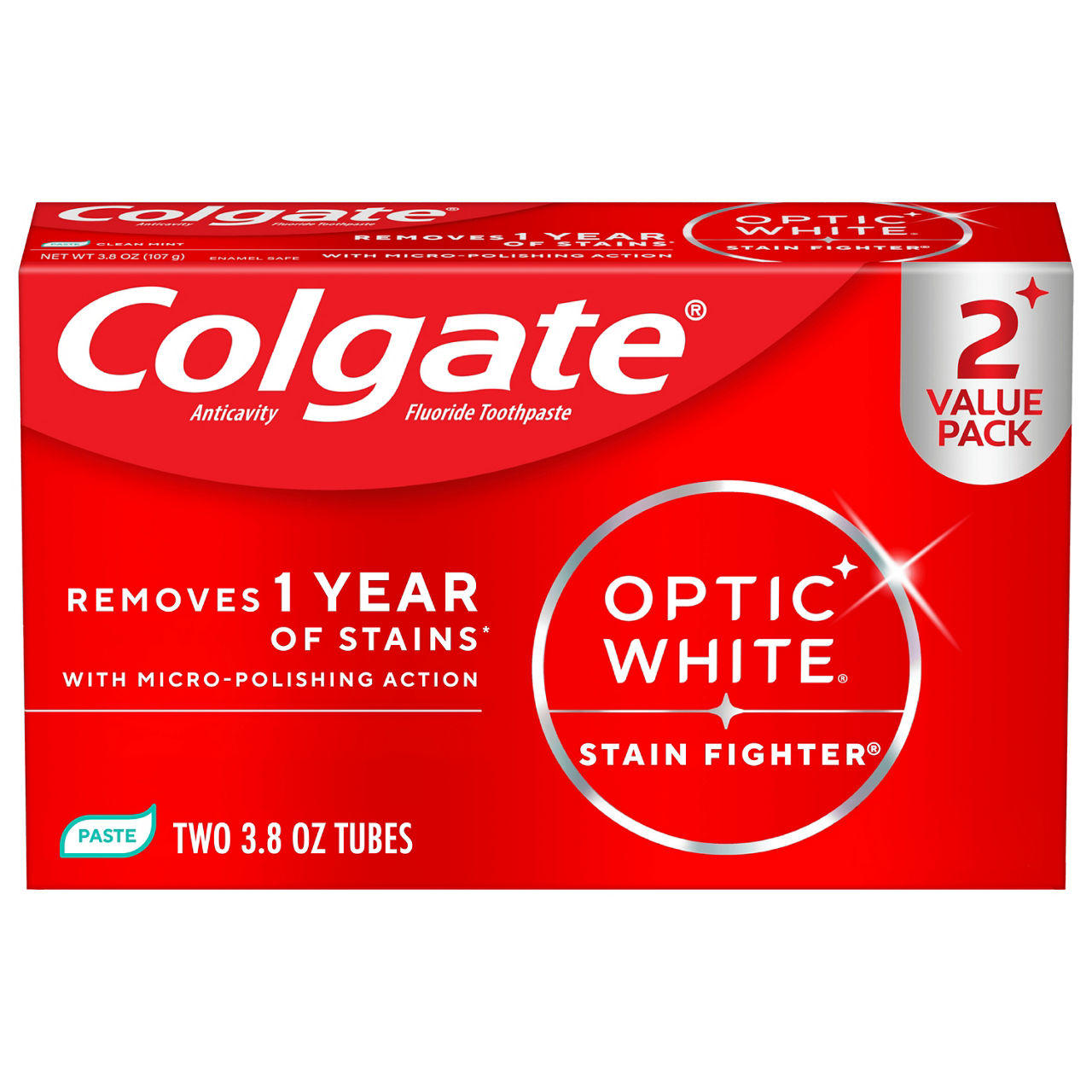 Colgate Optic White Stain Fighter Clean Mint Paste Teeth Whitening Anticavity Toothpaste, 2 Pack, 3.8 OZ