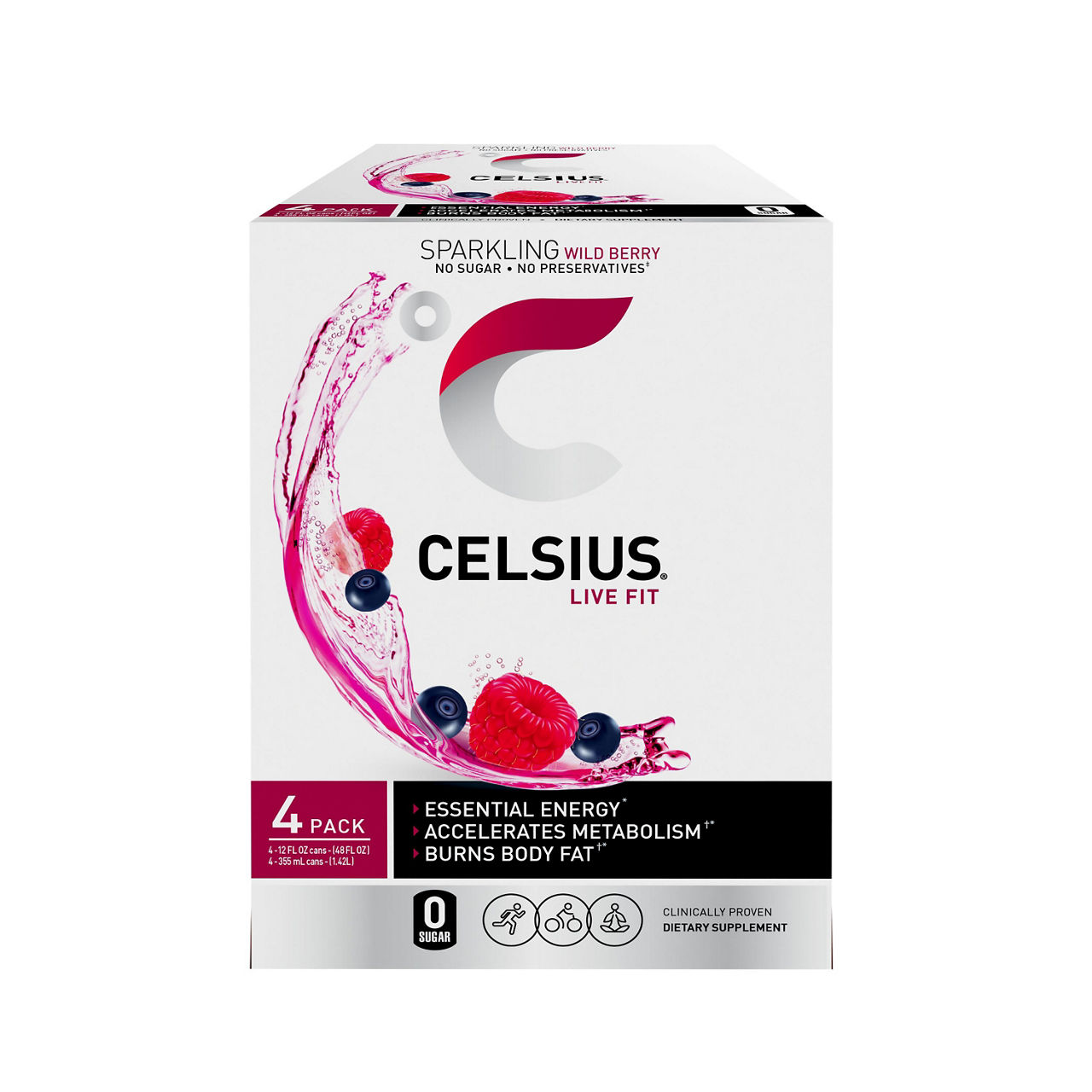 Celsius Live Fit Sparkling Energy Drink Wild Berry 12 Fl Oz, 4 Ct