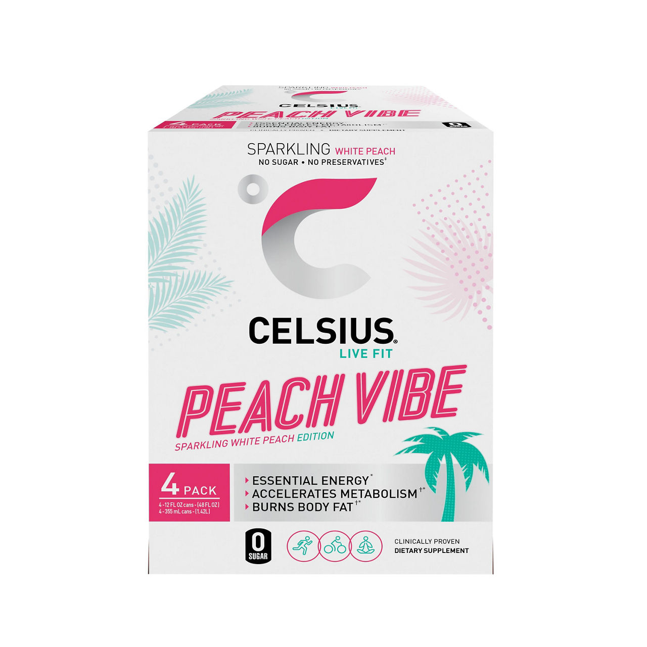 Celsius Live Fit Energy Drink Sparkling Peach Vibe 12 Fl Oz, 4 Count